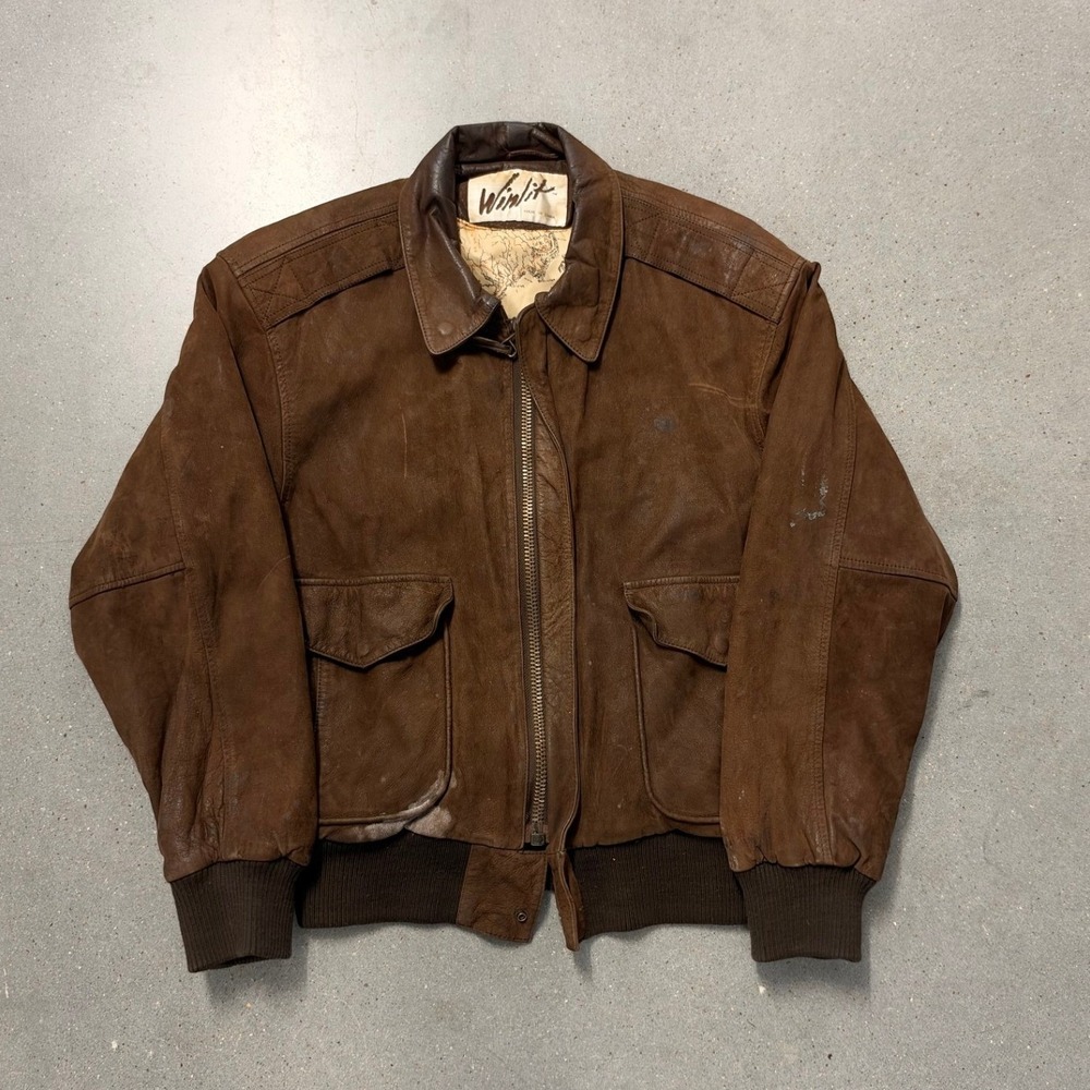 Wilsons Leather Winit Brown Suede Bomber Jacket Map Lining Mens Large Aviator